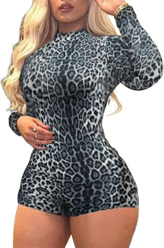 Molilove Womens Cheetah Print Romper Sexy Bodycon Shorts phemsuit phemsuit long sleeve Crew Neck One Piece One Compits Y2K Endery Complements in Kuwait