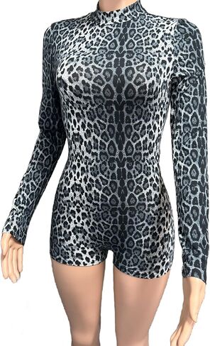 Molilove Womens Cheetah Print Romper Sexy Bodycon Shorts phemsuit phemsuit long sleeve Crew Neck One Piece One Compits Y2K Endery Complements in Kuwait