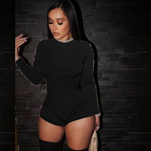 Molilove Womens Cheetah Print Romper Sexy Bodycon Shorts phemsuit phemsuit long sleeve Crew Neck One Piece One Compits Y2K Endery Complements in Kuwait