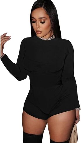 Molilove Womens Cheetah Print Romper Sexy Bodycon Shorts phemsuit phemsuit long sleeve Crew Neck One Piece One Compits Y2K Endery Complements in Kuwait