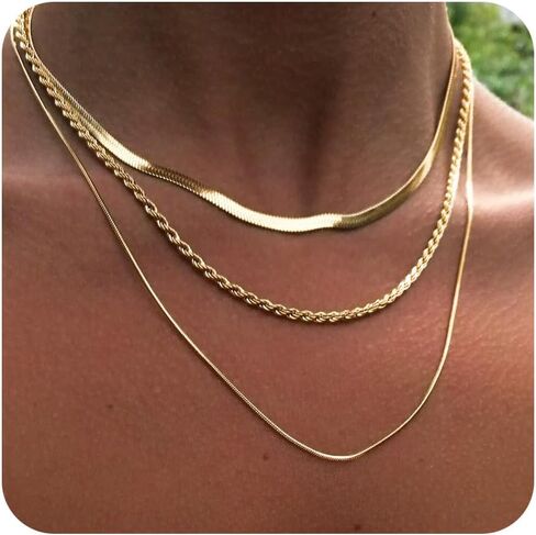 Layered Necklaces for Women,Dainty Gold Necklace for Women Trendy Gold Plated Necklace Set Stack Cuban Link Paperclip Chain Herringbone Jewelry Gifts 3Pcs in Saudi Arabia