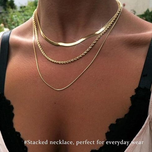 Layered Necklaces for Women,Dainty Gold Necklace for Women Trendy Gold Plated Necklace Set Stack Cuban Link Paperclip Chain Herringbone Jewelry Gifts 3Pcs in Saudi Arabia