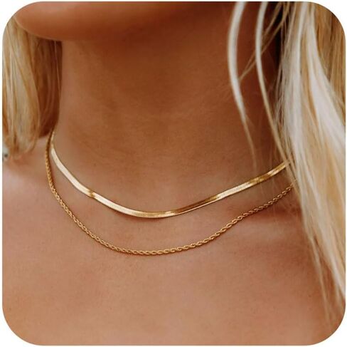Gold Herringbone Necklace for Women Dainty 18K Gold Plated Layered Snake Chain Choker Necklaces Jewelry Set for Women in Kuwait