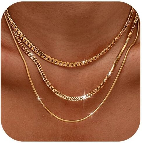 Layered Necklaces for Women,Dainty Gold Necklace for Women Trendy Gold Plated Necklace Set Stack Cuban Link Paperclip Chain Herringbone Jewelry Gifts 3Pcs in Saudi Arabia