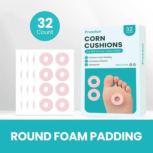 Callus Cushions for Bottom of Foot - Round Foam Padding with Water-Resistant Self-Stick Adhesive - Corn Cushions for Toes and Feet, Reduce Pain, Pressure and Friction from Shoes (Pink, 32 Count) in Kuwait