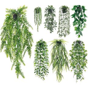Der Rose 4Pcs Fake Plants Hanging Artificial Ivy Vine Faux Eucalyptus Hanging Plants, Boston Fern, String of Pearls for Home Boho Wall Shelf Indoor Outdoor Decor