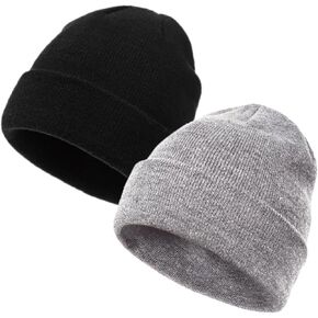 2 Pack Kids Winter Hat,Knit Stretchy Beanies Caps for Boys Girls Children,Winter Beanies Black, Gray