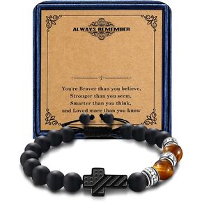 Cross Bracelet Men Boys with Patriotic Flag Christian Faith Adjustable Lucky Charm Protection Amulet Tiger Eye Beads Bracelet Religious Communion Baptism Gift