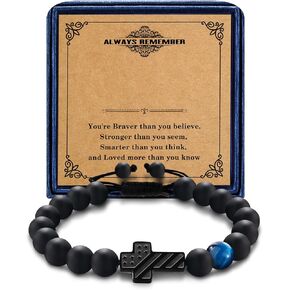 Cross Bracelet for Boys Teens Men Adjustable Blue Tiger Eye Bead Lucky Charm Protection Amulet Religious Christian Bracelet Communion Baptism Religious Gifts Patriotic Flag Faith Jewelry