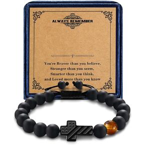 Christian Bracelet for Men Boys Teens with Tiger Eye Stone Bead Lucky Charm Amulet Adjustable Cross Faith Bracelet, Religious Gifts for Boys Easter Baptism Communion Confirmation