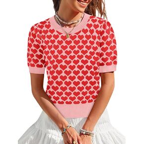 Women Puff Short Sleeve Sweater Casual Cropped Knit Shirts Cute Heart Holidays Graphic Print Pullover Jumper Tops 2025
