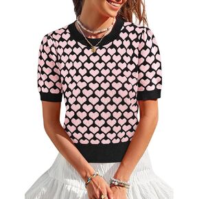 Women Puff Short Sleeve Sweater Casual Cropped Knit Shirts Cute Heart Holidays Graphic Print Pullover Jumper Tops 2025 in Kuwait