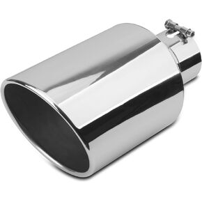 4 inch Inlet Exhaust Tip, 8" Outlet 15" Overall Length Stainless Steel Exhaust Tail Pipe, Bolt-On, Rolled Edge, Slant Sleek Angle Cut, Polished Tailpipe, Silvery﻿