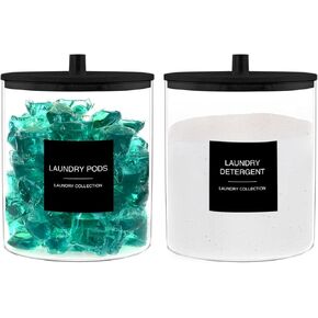 TIPGO Glass Jars for Laundry Room Organization, Laundry Pods Container with 27 Labels, Detergent Holder with Bamboo Lid, Cute Storage Jars, Black (Set of 2)