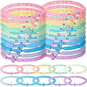 30 Pcs Cross Bracelets Bulk Jesus Bracelets Handmade Elastic Colorful Polymer Clay Beaded Religious Wristbands Christian Wristbands for Women Kids First Communion Sunday Easter