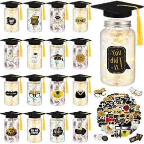 12 Sets 2025 Graduation Decorations Class of 2025 Graduation Jar Table Centerpieces with Black Felt Grad Hat and Stickers for College High School Congrats Grad Party Supplies