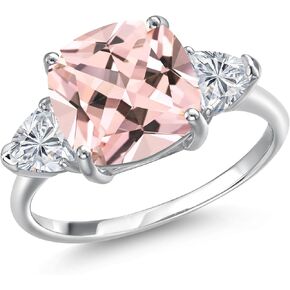 Gem Stone King 10K White Gold Peach Nano Morganite and Lab Grown Diamond Engagement Ring For Women | 5.06 Cttw | Cushion 10MM | Gemstone October Birthstone | Available in Size 5,6,7,8,9