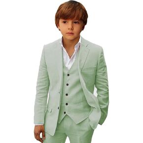 Boys Linen Suit Set Boys Summer Beach 3 Pieces Slim Fit Kids Tuxedo Suit Blazer Vest Pants Suit