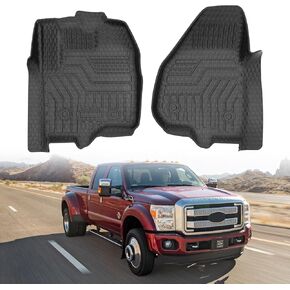 سجادات أرضية أمامية Mixsuper متوافقة مع 2012-2016 Ford F-250/F-350/F-450/F-550، فائقة التحمل مع دواسة جانبية للسائقين المرتفعة، وبطانات أرضية مناسبة لجميع الأحوال الجوية، مجموعة الصف الأول باللون الأسود