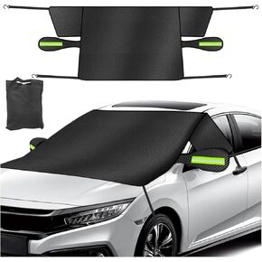 Car Windshield Ice Snow Cover with Magnetic Edges, Heavy Duty Oxford Fabric Windscreen Protector Cover with Side Mirror Covers, Winter Waterproof Frost Cover for Car Truck SUV RV (Green)