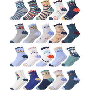 20 Pair Cartoon Socks for Boys Toddler Car Dinosaur Patterned Sport Round Neck Boys Dress Socks