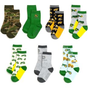 John Deere Truck 7 Pack Non-Slip Grip Crew Socks Toddler لأحجام الأطفال الصغيرة (2T-4T-4-6)