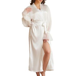Women Long Sleeve Bridal Robes White Satin Bride Robe Nightwear Floor Length Dressing Gown