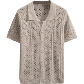 SHENHE Men's Button Down Cable Knit Short Sleeve Hollow Out Collared Sweater Golf Shirt Top
