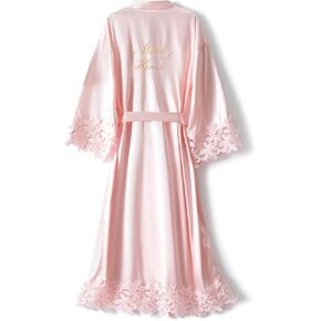 Voguemax Womens Long Bride Bridesmid Robe Lace Trim Sleep Wear Teed of Wedding Silky Kimono Robe