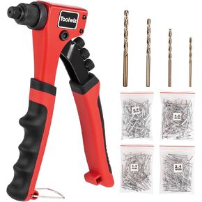 Toolwiz Rivet Gun One-Handed Rivet Gun Kit with 200pcs Rivets, 4pcs Tool-Free Interchangeable Heads and 4pcs Drill Bits - Heavy Duty Hand Riveter for Metal, Wood, Plastic, Leather, Fabric