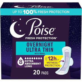 Poise Overnight Ultra Thin Incontinence & Postpartum Pads with Wings for Bladder Leaks, 8 Drop Extra Absorbent, Long Length, 20 Count