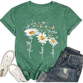 Women's Cute Christian Shirts,Daisy and Butterfly Print Faith T-Shirt Crewneck Short Sleeve Summer Tops Blouse