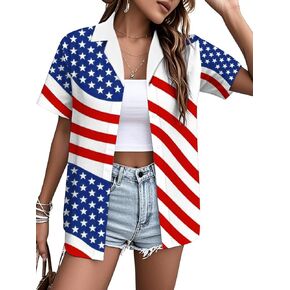 American Flag Shirt Women Patriotic Hawaiian Floral Tshirts 4th of July Button Up Tops Stars Stripes USA Short Sleeve