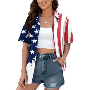 American Flag Shirt for Women: 4th July Graphic T-Shirts Patriotic USA Flag Star Stripes Tees Hawaiian Button Down Tops