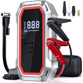 Jump Starter with Air Compressor, 5000A 150PSI Car Battery Jump Starter (9.0 Gas/8.0L Diesel), 12V Jump Box Car Battery Jumper Starter Portable with Jumper Cables, LCD Display, Lights