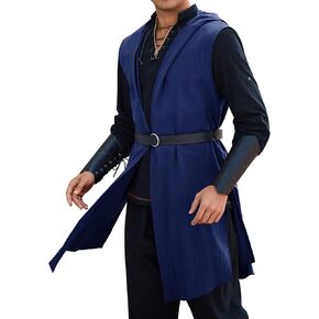 Runcati Mens Renaissance Hooded Surcoat Medieval Knight Sleeveless Tunic Tops Tabard Costume Viking Holloween Cloak