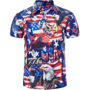 RAISEVERN Patriotic Shirts for Men 4th of July America Flag Hawaiian Shirt Button Down Short Sleeve