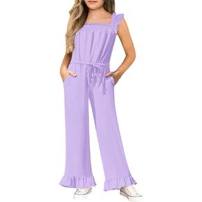 Yousify Girls Jumpsuit Kids Fashion Ruffle Sleeve Belted Wide Leg Romper One Piece Summer Outfits with Pockets 5-14 Years