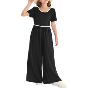 Teen Girls Jumpsuit Tween Preppy Clothes Round Neck Short Sleeve Wide Leg Romper Kid Summer Jumper Outfit Size 8-14