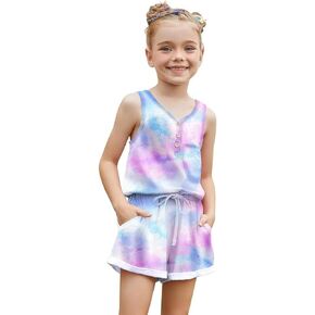 Mirawise Girls Romper Sleeveless Jumpsuit Button Kids Summer Clothes Casual Outfits V Neck Tie Front Shorts with Pocket 4-13Y