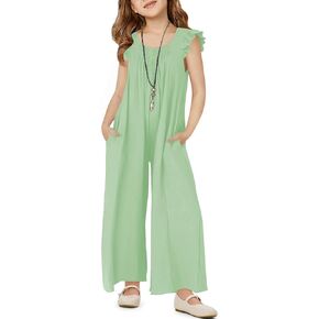 Haloumoning Girls Wide Leg Loose Jumpsuit Kids Casual Ruffle Sleeve Round Neck Romper with Pockets 5-14 Years