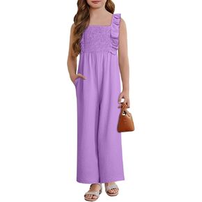 Girls Jumpsuit Ruffle Sleeveless Smocked Wide Leg Romper One Piece Summer Outfits with Pockets