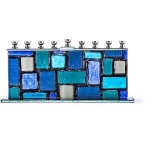 Ner Mitzvah Glass Candle Menorah - يناسب جميع شموع Chanukah القياسية - الجدار الغربي الأزرق والأبيض/Kotel Menora