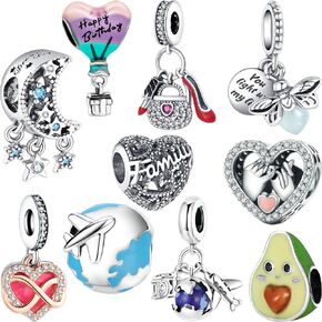 10 Pack Silver Bead Charms Compatible with Pandora Charms Bracelet Necklace, 925 Sterling Silver Charms for Bracelets for Women, the Beads with Cubic Zirconias Are the Perfect Jewelry Gift for Women, Ideal for Christmas, Birthdays, Mother's Day, and Valen