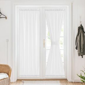 RYB HOME Sheer French Door Curtain for Front Door, Privacy Non-See-Through Light Filtering Rod Pocket Sidelight Curtain with Tie-Back for Kitchen & Bedroom, White, 26W x 72L Inches, 1 Panel