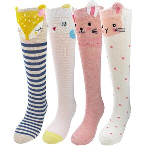 Bestjybt Girls' Knee-High Animal Socks, Cozy Fun Cute Holiday Gift Socks Dogs Cats Rabbits Fox Pattern, 4 Pairs