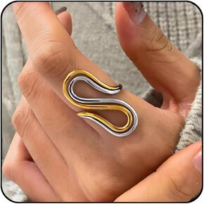Chunky Rings For Women, Gold Silver Thumb Ring Asymmetrical Wavy Curve Ring Adjustable Non Tarnish Dainty Stainless Steel New Year Anniversary Birthday Jewelry Gift