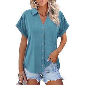 ORANDESIGNE Women's Short Sleeve Polo Tops Summer Button Down Collared T Shirts Casual Cute Ladies Tees