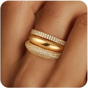 FUNEIA Stackable Gold Rings for Women Non Tarnish Chunky 14K Gold Plated Rings that Don't Tarnish Engagement Cubic Zirconia Ring Set Stack Dainty Pinky Wedding Bands Thumb Rings Gold Jewelry Size 6-11