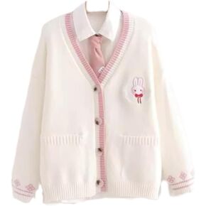 Pink Kawaii Preppy Bunny Cardigan Sweater for Girl Loose Embroidery Plaid Soft Cozy Sweater 10 12 14Gift